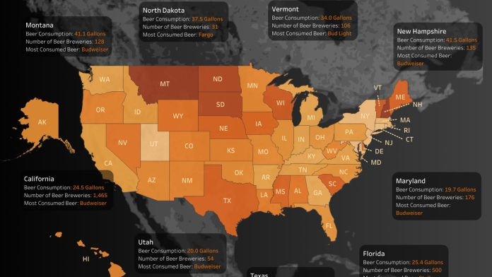 Bản đồ tiêu thụ bia ở Mỹ